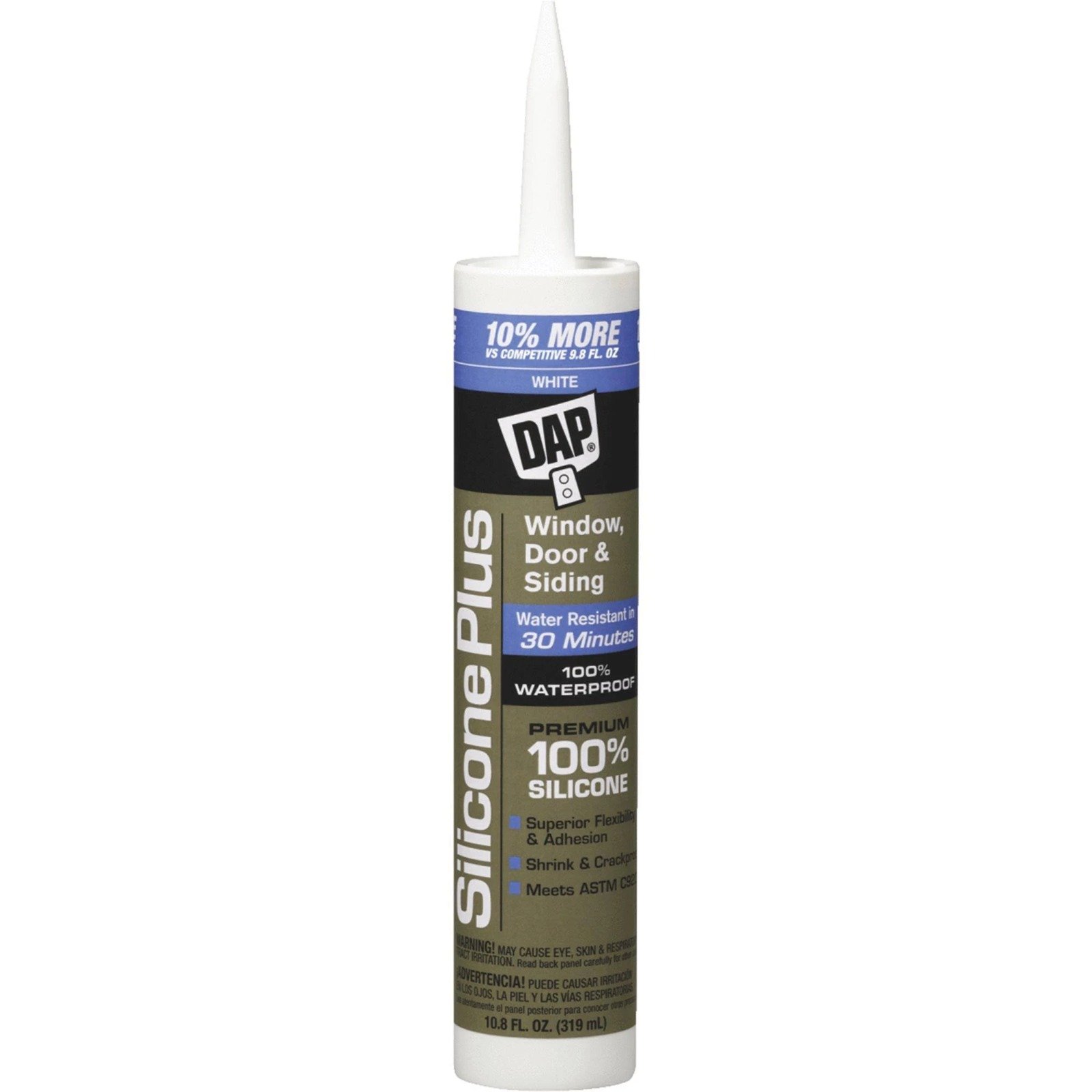 A tube of DAP Silicone Plus window and door sealant