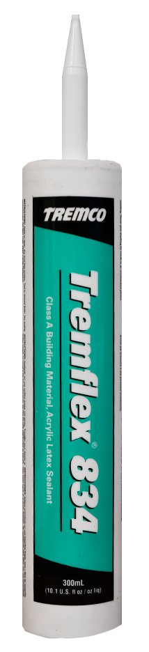 A tube of Tremco TremFlex 834 acrylic latex sealant