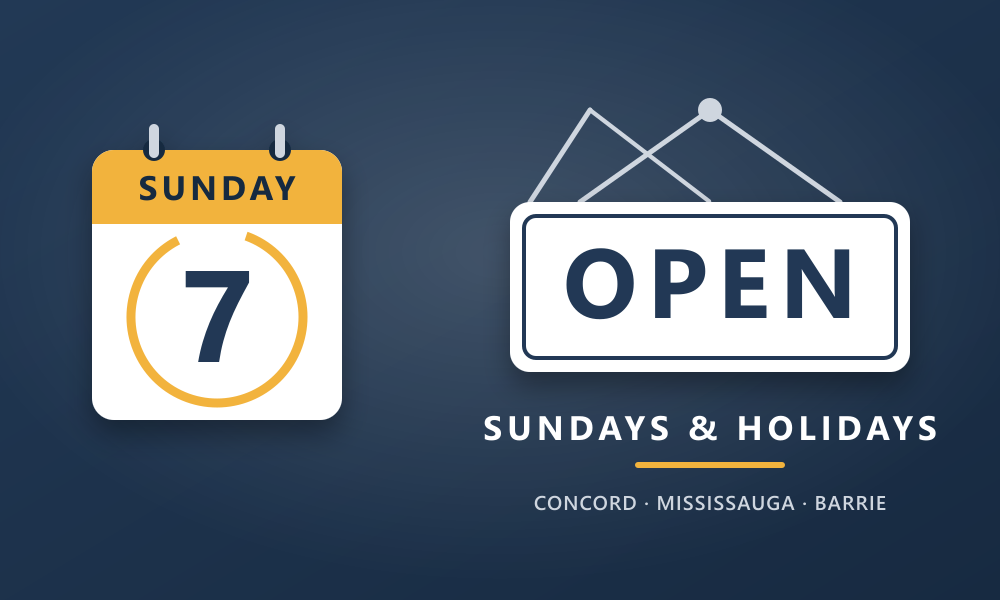 Open on Sundays and holidays at Concord and Mississauga